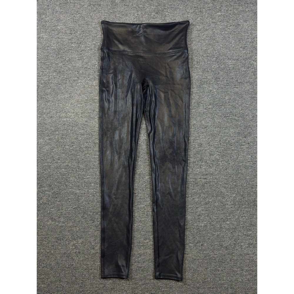 Spanx Black Faux Leather Leggings Shape Compression Shine Stretch Size Medium
